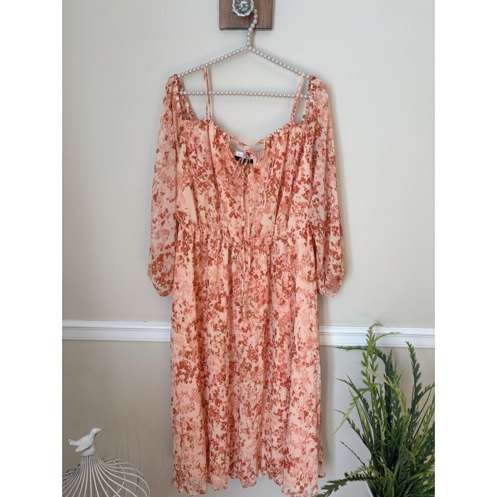ELOQUII Womens Size 16 Orange Abstract Floral Midi Dress 3/4 Sleeve Pleated